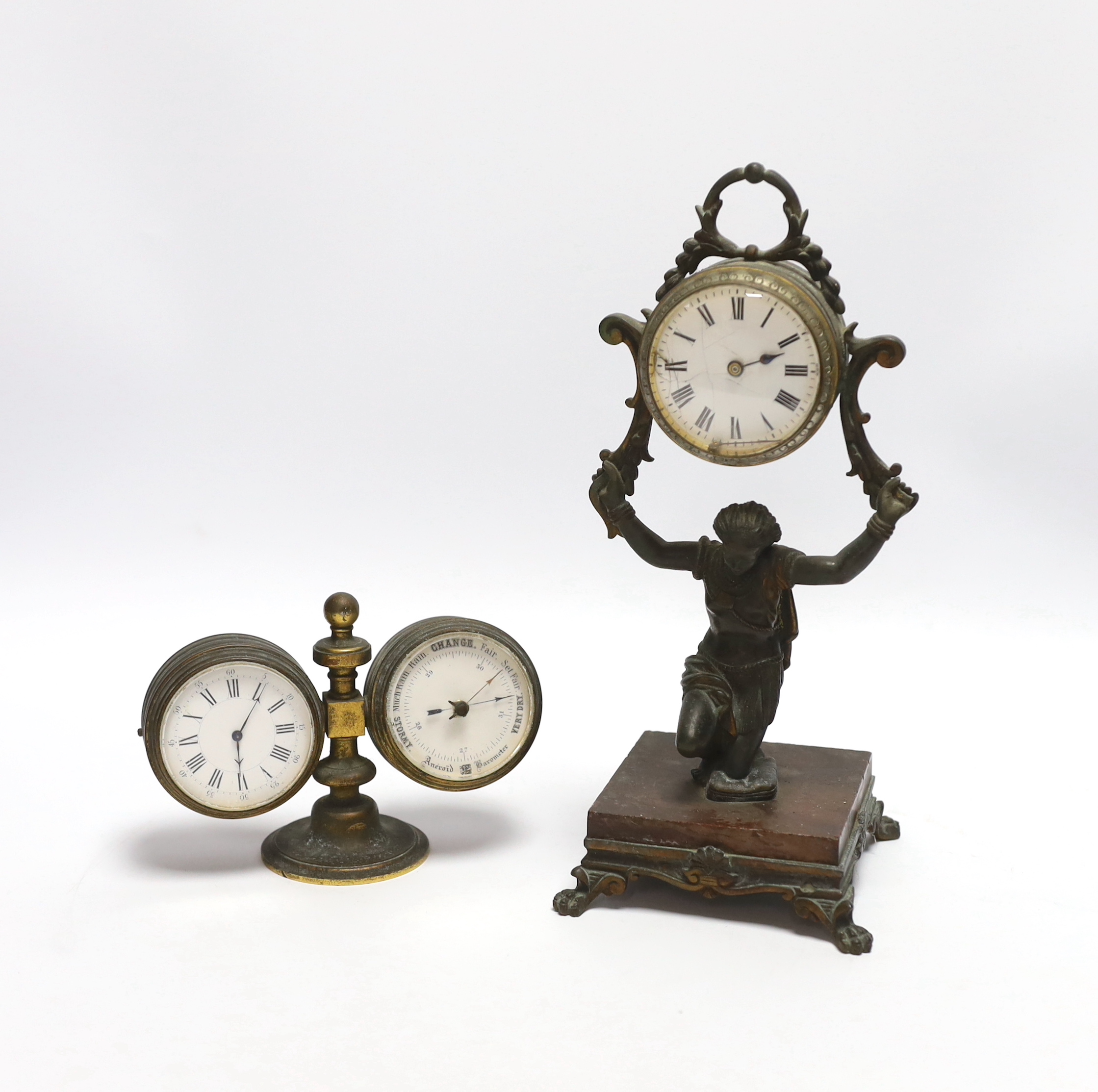 A Victorian gilt brass desk clock/barometer and a figural timepiece, 26cm