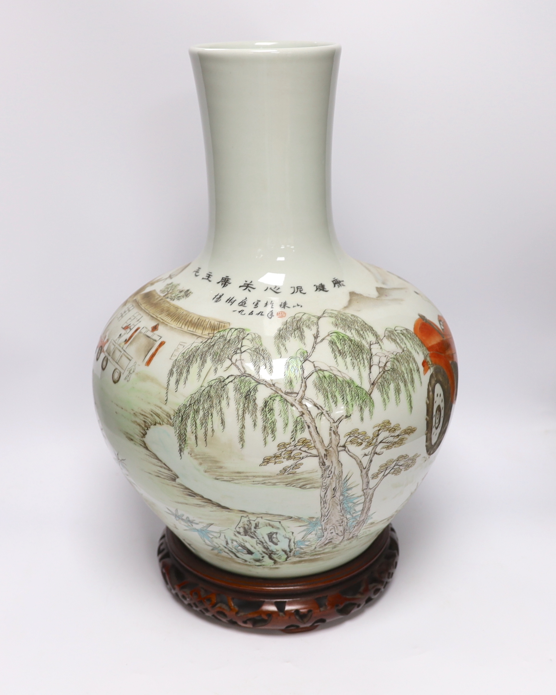 A Chinese Cultural Revolution style enamelled porcelain vase on stand, 50cm high including stand - Image 2 of 5