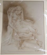 Franco Matania (1922-2006), chalk and brown conté crayon, Seated female nude, signed, 45 x 34cm,