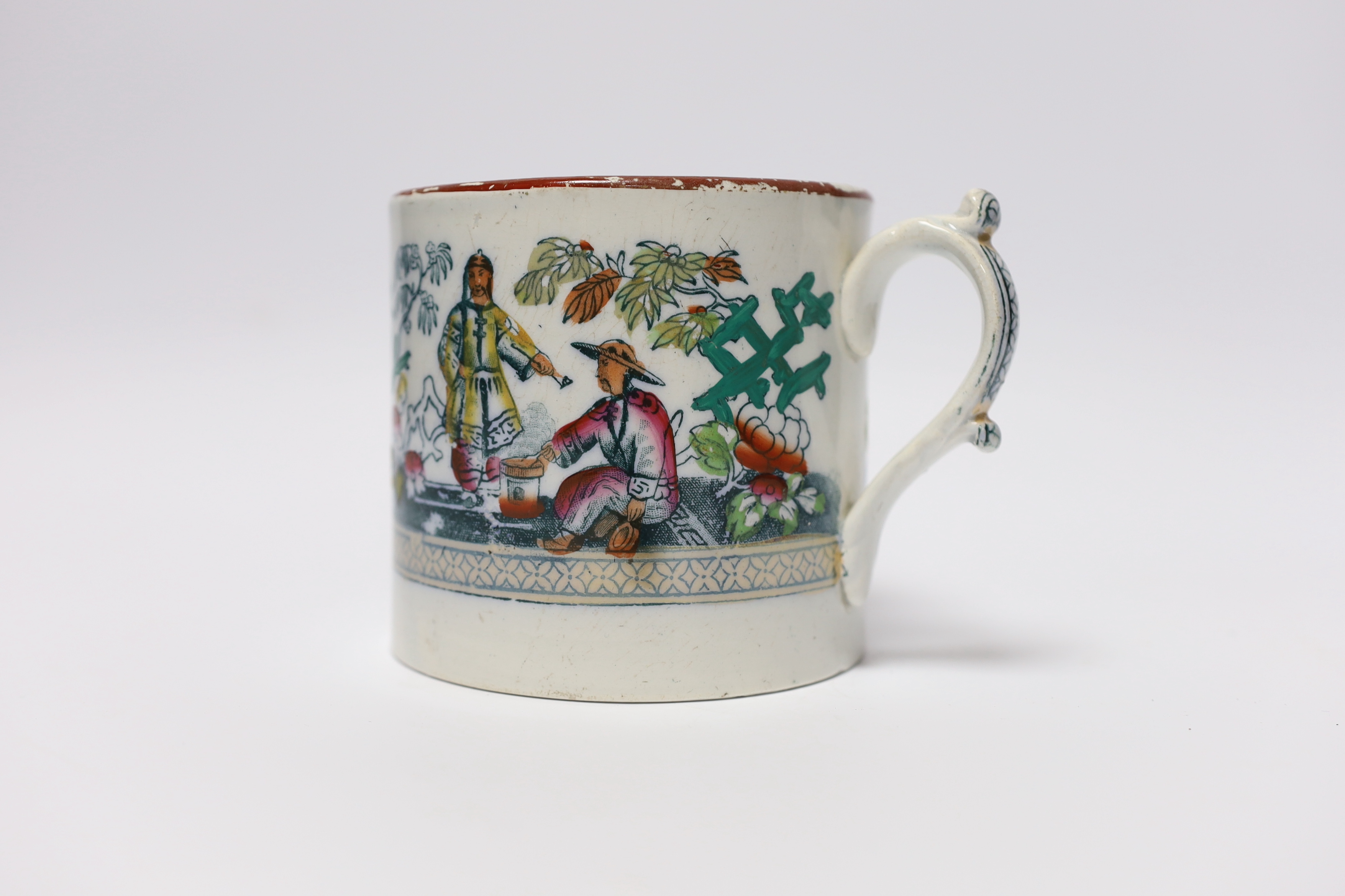 An early 19th century Staffordshire pearlware cylindrical large tankard decorated with Chinese - Image 3 of 5