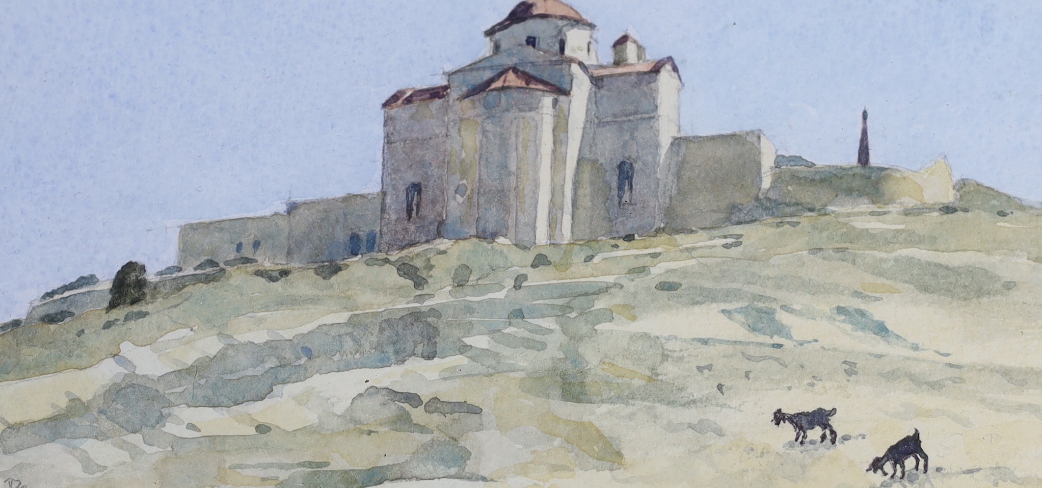 Serena Penman (contemporary), watercolour, 'Greek Church', signed, 9 x 18cm