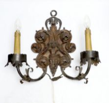 A 19th century carved wood mounted two branch wall light.
