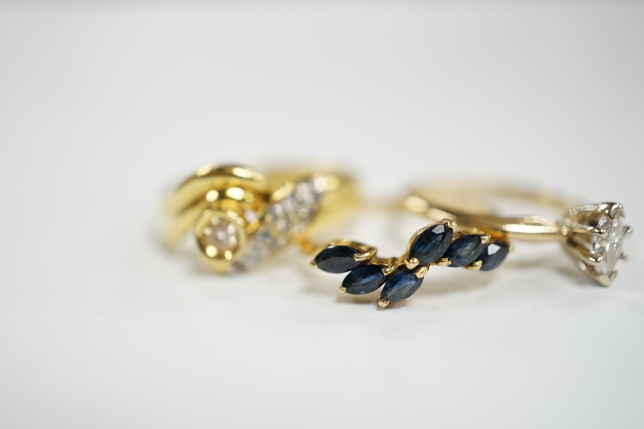 Three assorted modern 14k and gem set rings, including single stone marquise cut diamond, diamond - Image 2 of 6