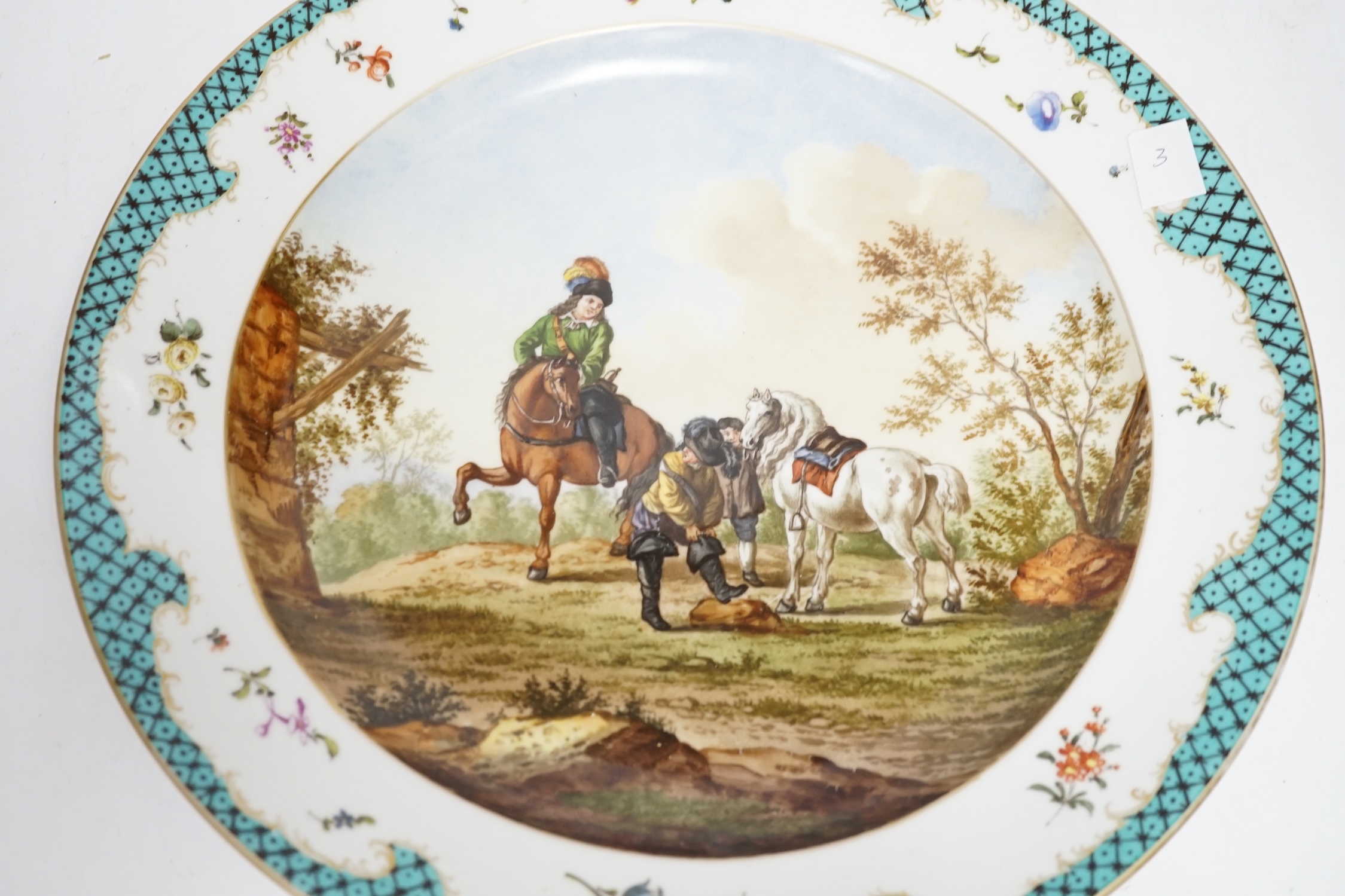A Meissen style dish decorated with a hunting party, 35.5cm diameter - Image 2 of 3