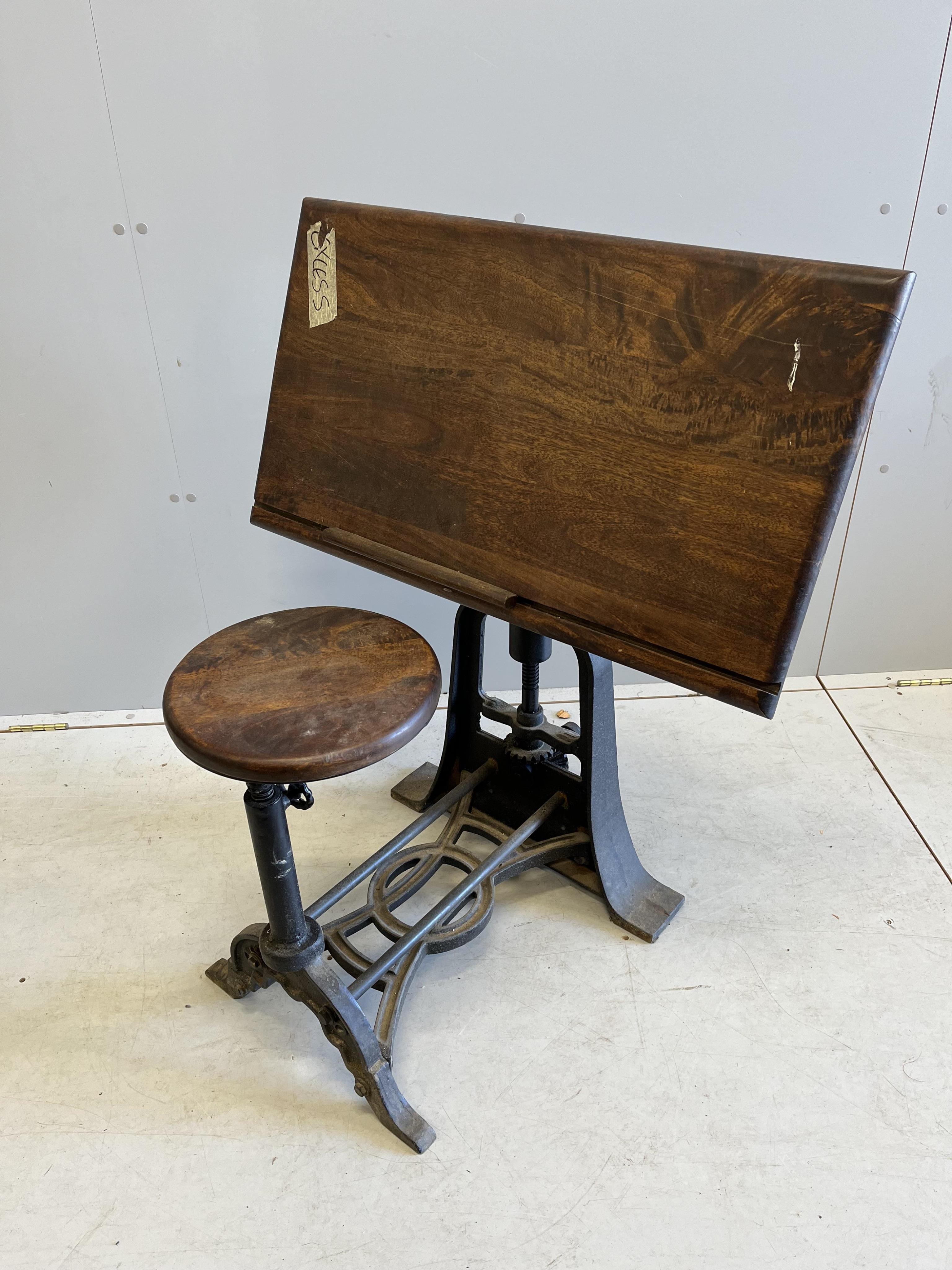 A late 19th century mahogany and cast iron adjustable drafting table, width 79cm, height 90cm