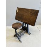 A late 19th century mahogany and cast iron adjustable drafting table, width 79cm, height 90cm