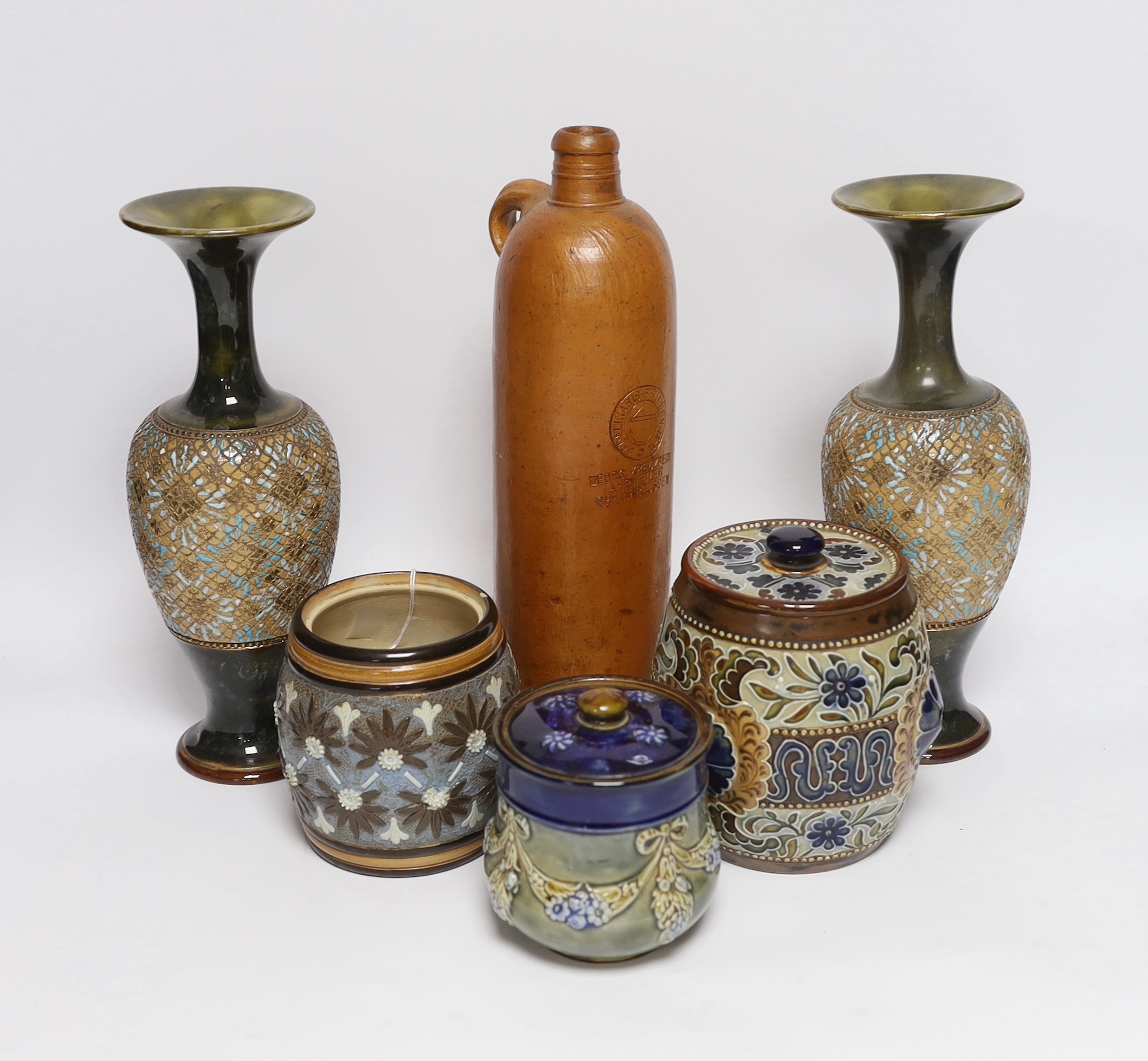 A pair of Doulton Lambeth vases, three jars, two with covers and a Georg Kreuzberg terracotta