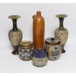 A pair of Doulton Lambeth vases, three jars, two with covers and a Georg Kreuzberg terracotta