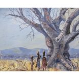 J Wilde, oil on board, African landscape with three figures, signed and dated 1964, 47 x 59cm