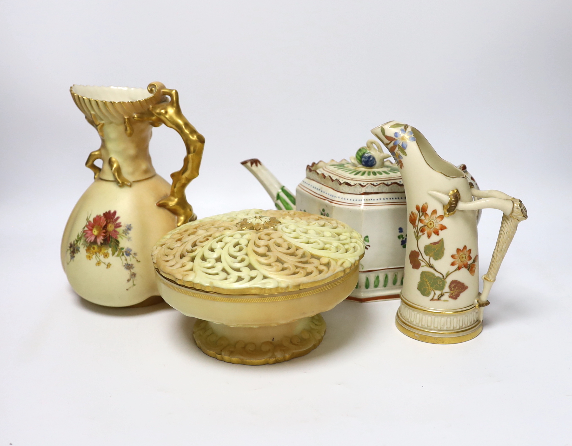 Three pieces of Royal Worcester blush ivory porcelain and an early 19th century pearlware teapot, - Image 2 of 5