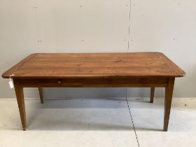 A 19th century French rectangular cherry two drawer kitchen table, width 178cm, depth 84cm, height