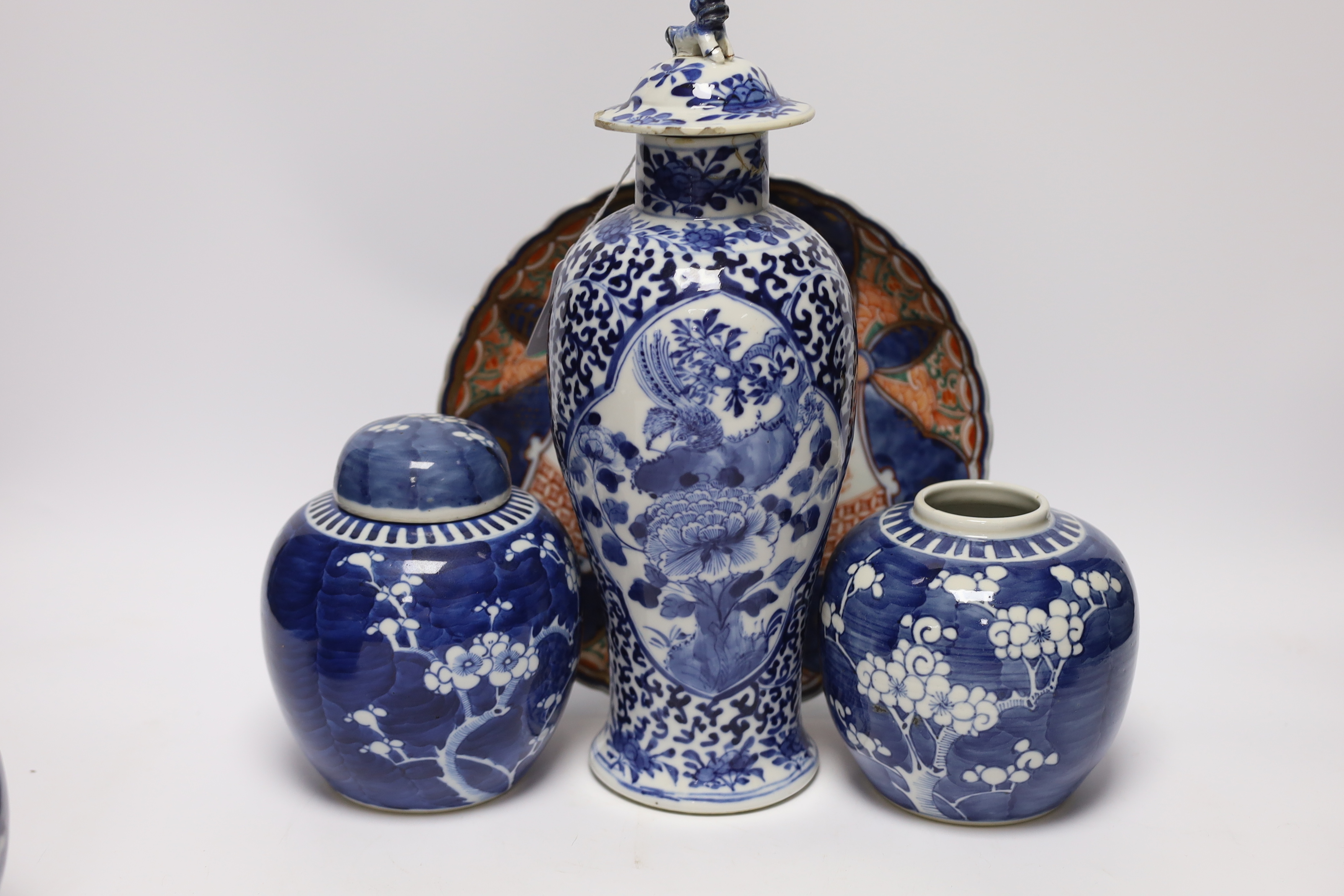An early 20th century Chinese blue and white vase and cover, pair of 19th century Chinese famille - Image 4 of 7