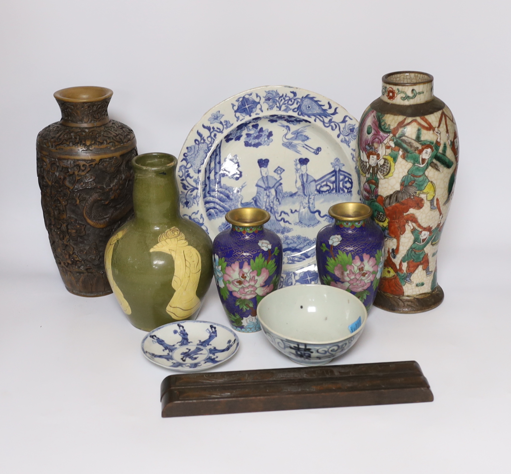 Mixed Chinese and Japanese ceramics including pair of cloisonné vases, a blue and white dish and a