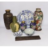 Mixed Chinese and Japanese ceramics including pair of cloisonné vases, a blue and white dish and a