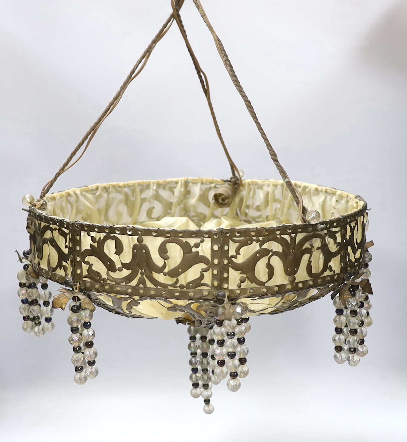 Two lustre drop hanging light shades, largest 40cm in diameter