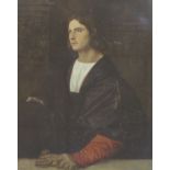 After Titian (Italian, d.1576), Medici Society colour print, Portrait of a young gentleman, label