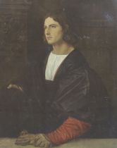 After Titian (Italian, d.1576), Medici Society colour print, Portrait of a young gentleman, label