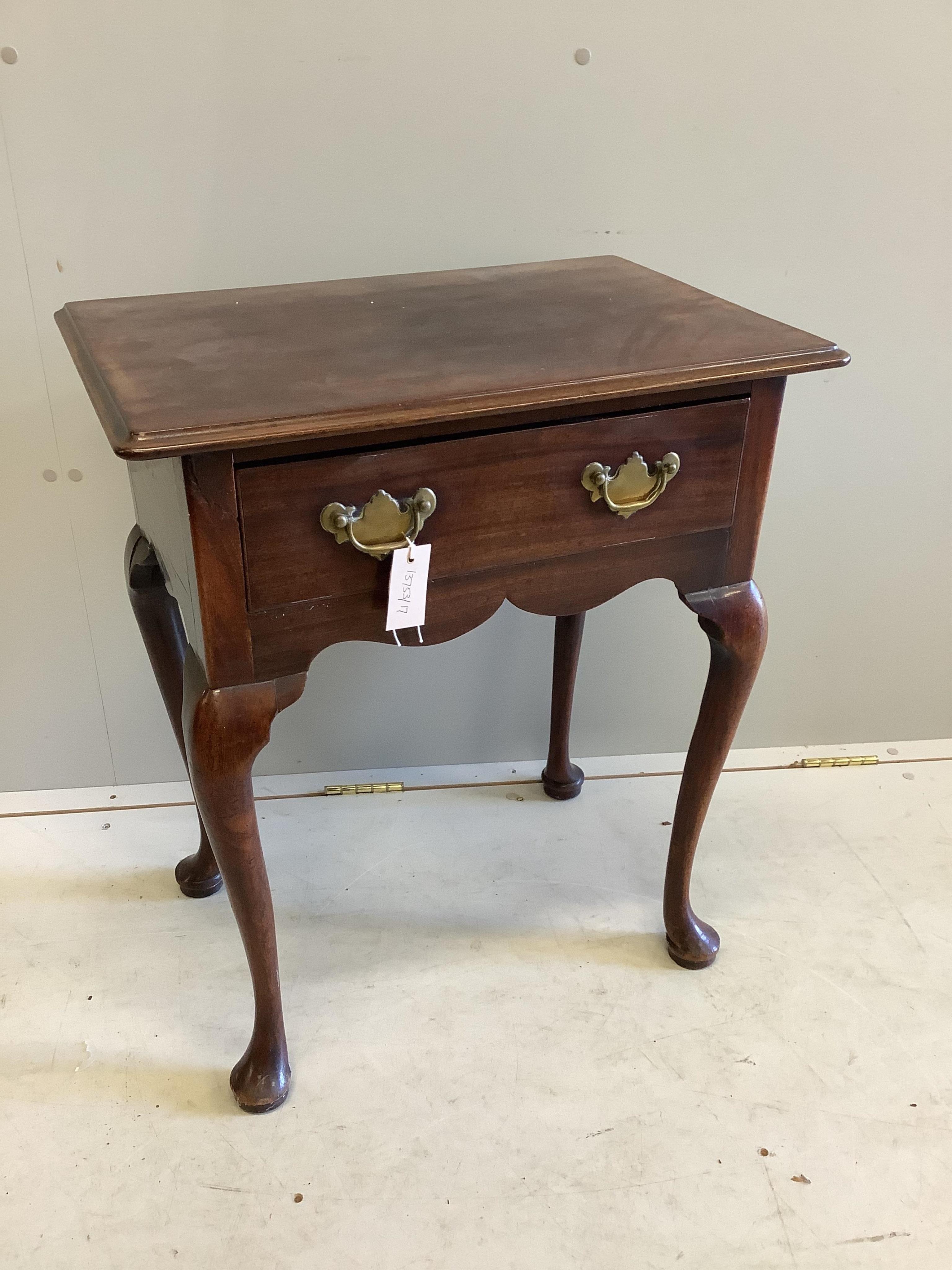 A small Georgian mahogany side table fitted single drawer with brass bail handles, on cabriole