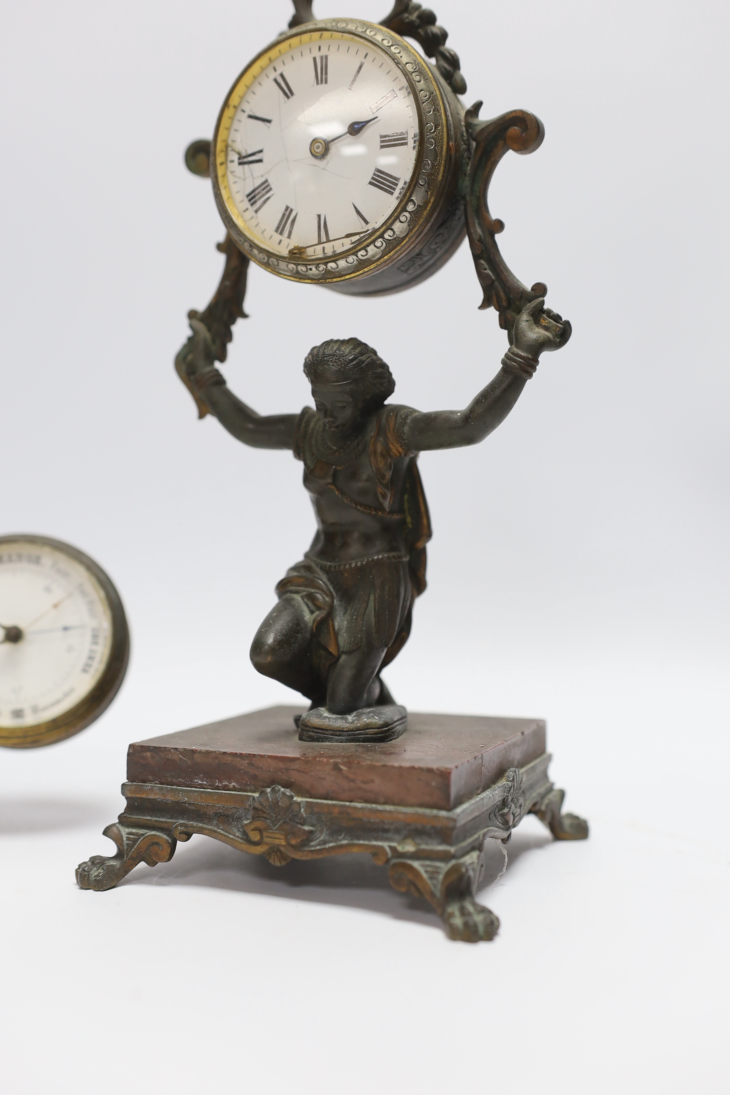 A Victorian gilt brass desk clock/barometer and a figural timepiece, 26cm - Image 2 of 3