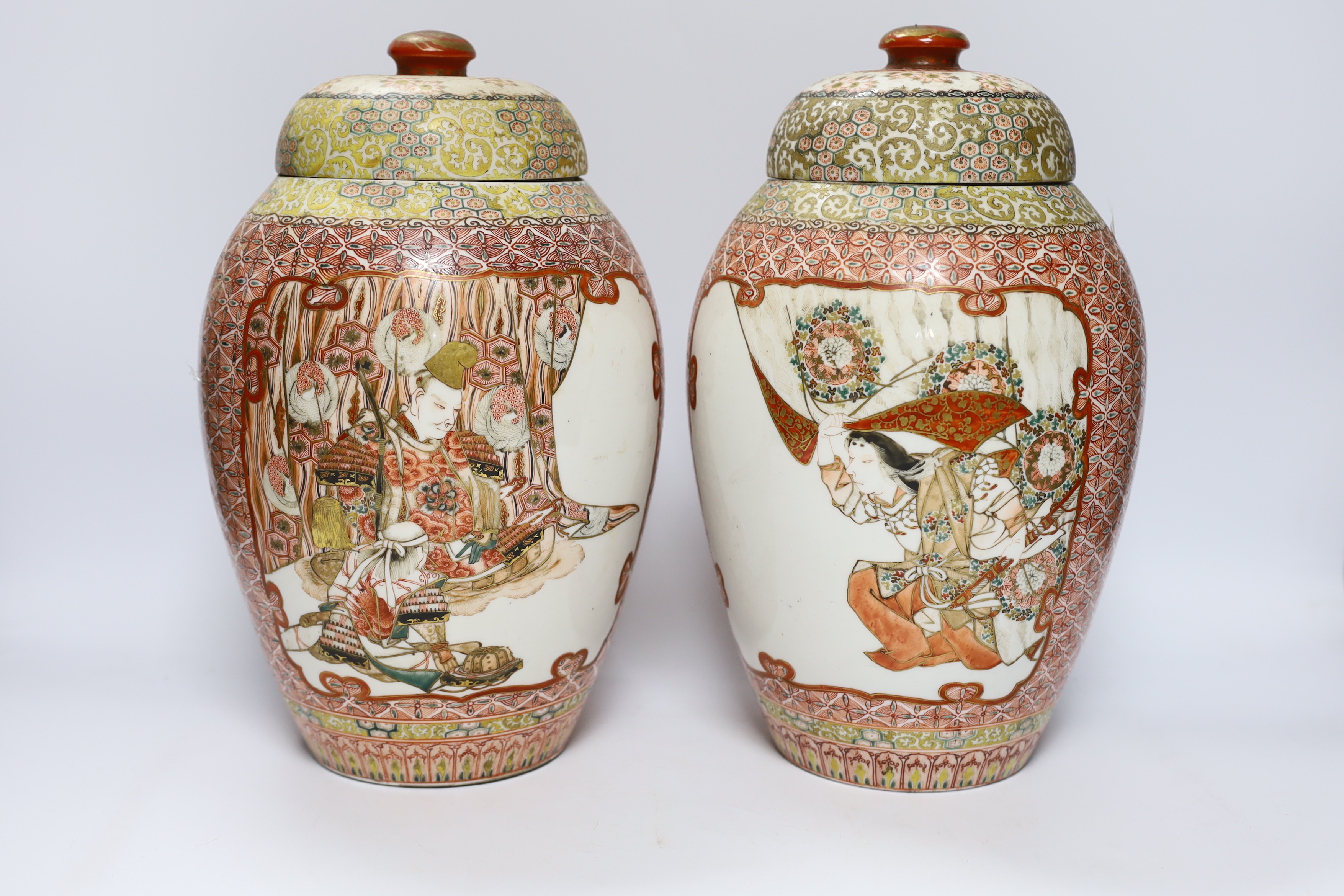 A pair of Japanese Meiji period vases and covers, 31cm (a.f.)