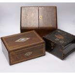 Three boxes; a miniature Polyphon, a stationery box and an inlaid jewellery box, stationery box 26cm