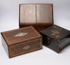 Three boxes; a miniature Polyphon, a stationery box and an inlaid jewellery box, stationery box 26cm