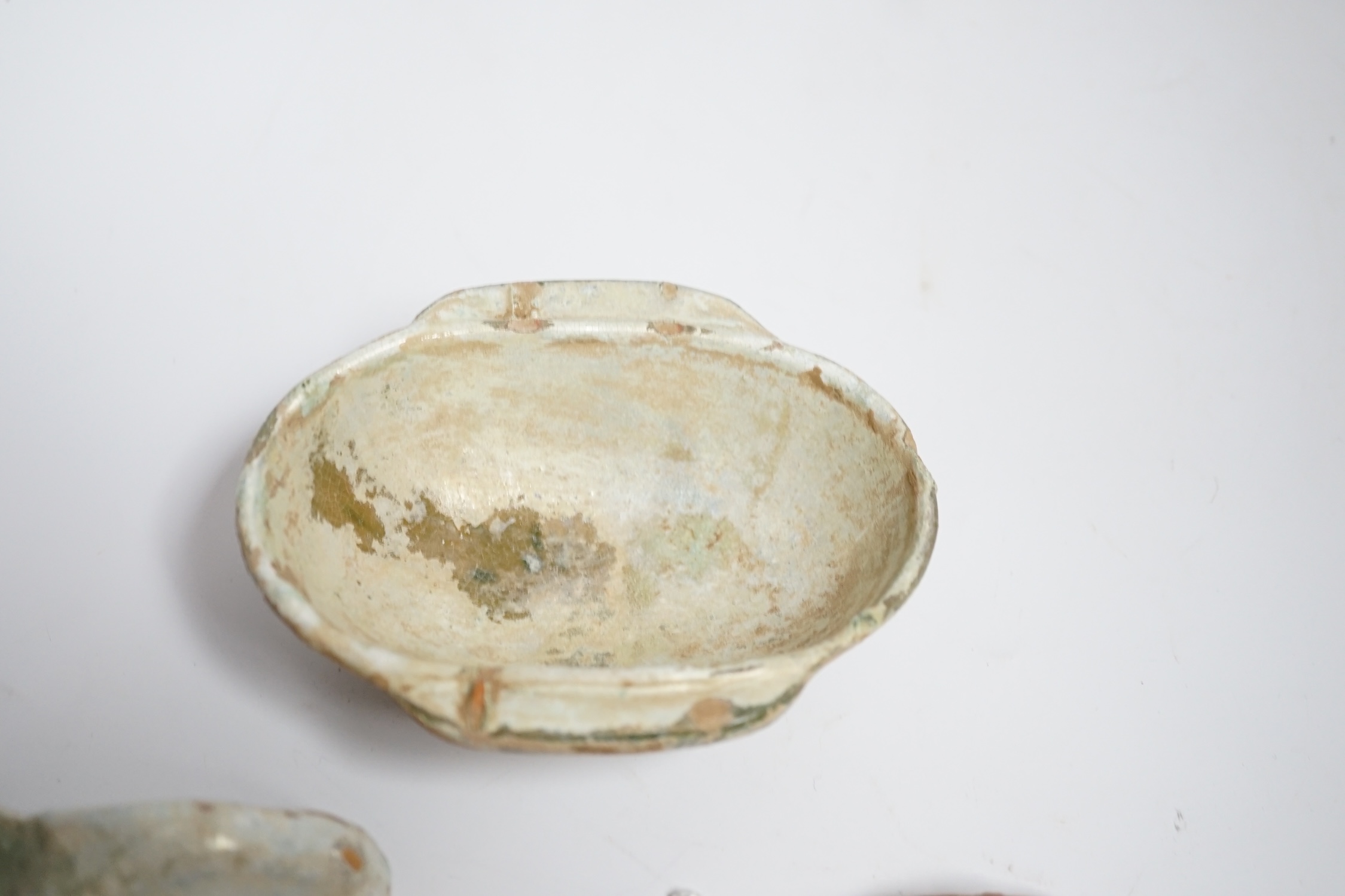 A Chinese glazed pottery ‘ear’ cup and similar spoon, Han dynasty, and a pottery figure, Song - Image 4 of 4