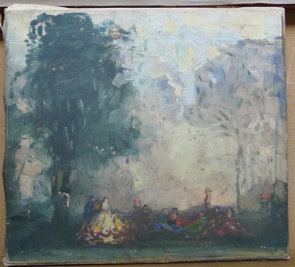 William George Robb (1872-1940), oil on canvas, Figures in parkland, 45 x 50cm, unframed - Image 2 of 9