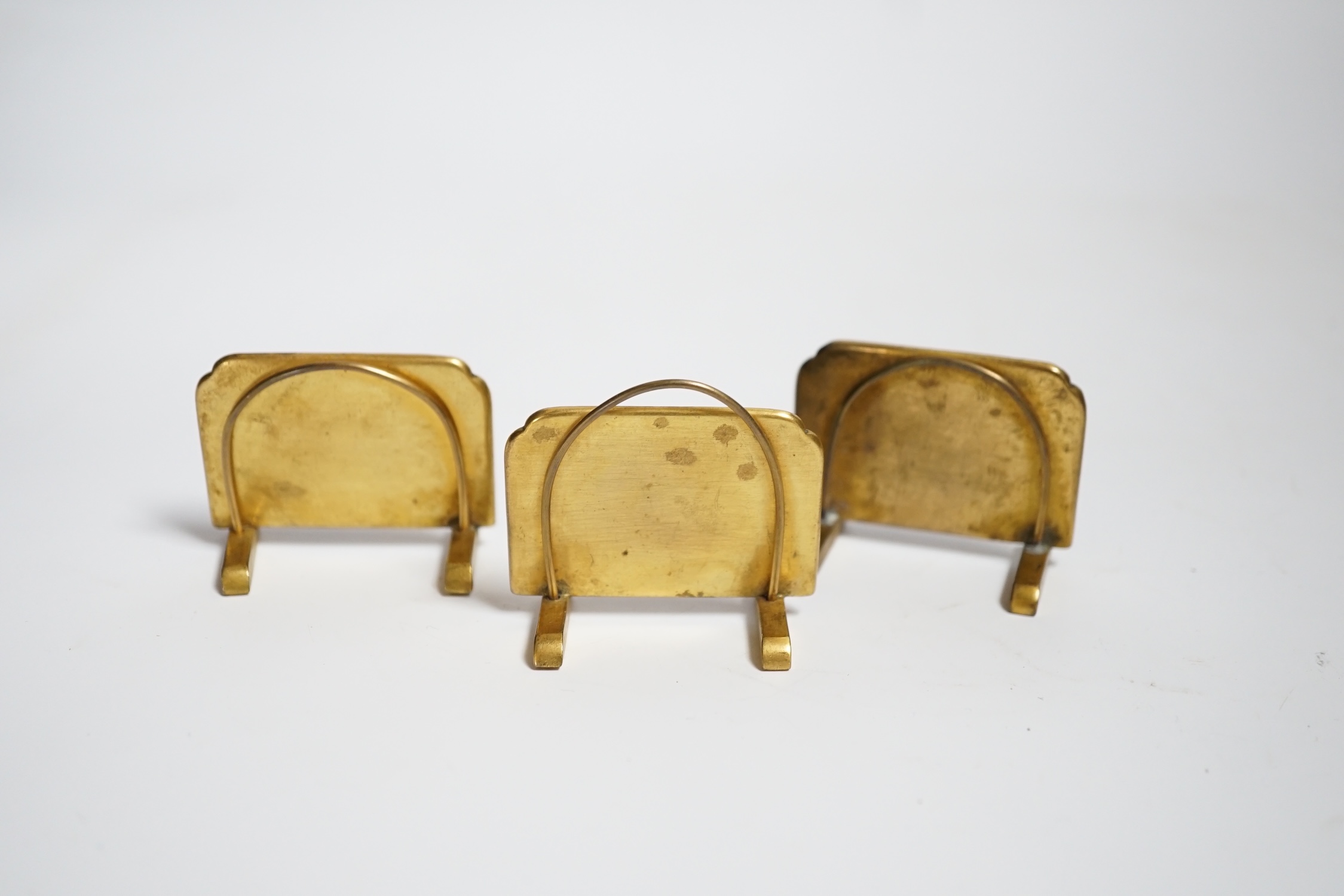 Three Japanese gold damascened iron menu holders by S. Komai, in original box, each 5cm wide - Image 5 of 5