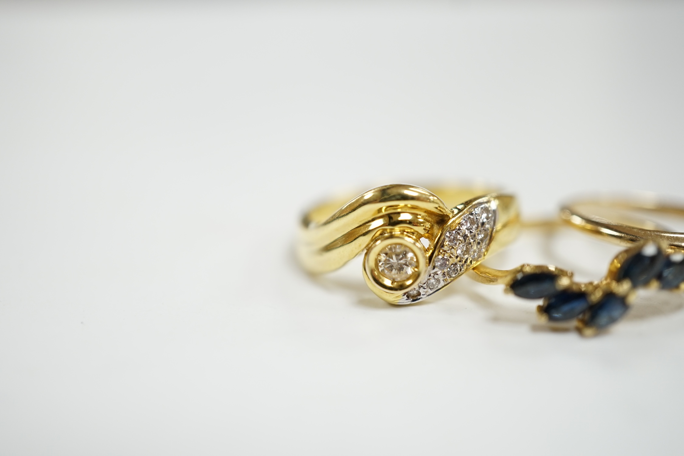 Three assorted modern 14k and gem set rings, including single stone marquise cut diamond, diamond - Image 4 of 6
