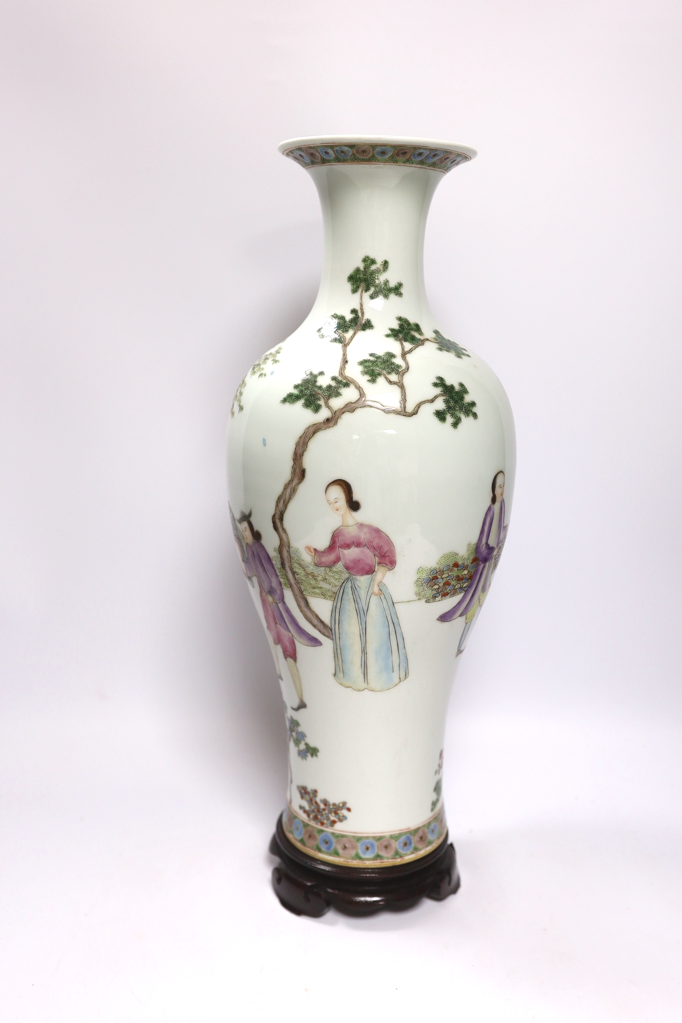 A Chinese European subject famille rose vase, with stand, 45cm high including stand - Image 3 of 5
