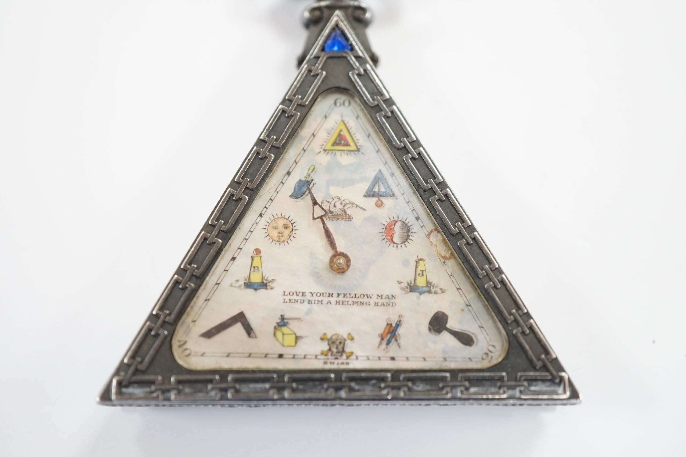 A 1920's Swiss silver triangular Masonic timepiece, with mother of pearl dial, import marks for - Image 2 of 4