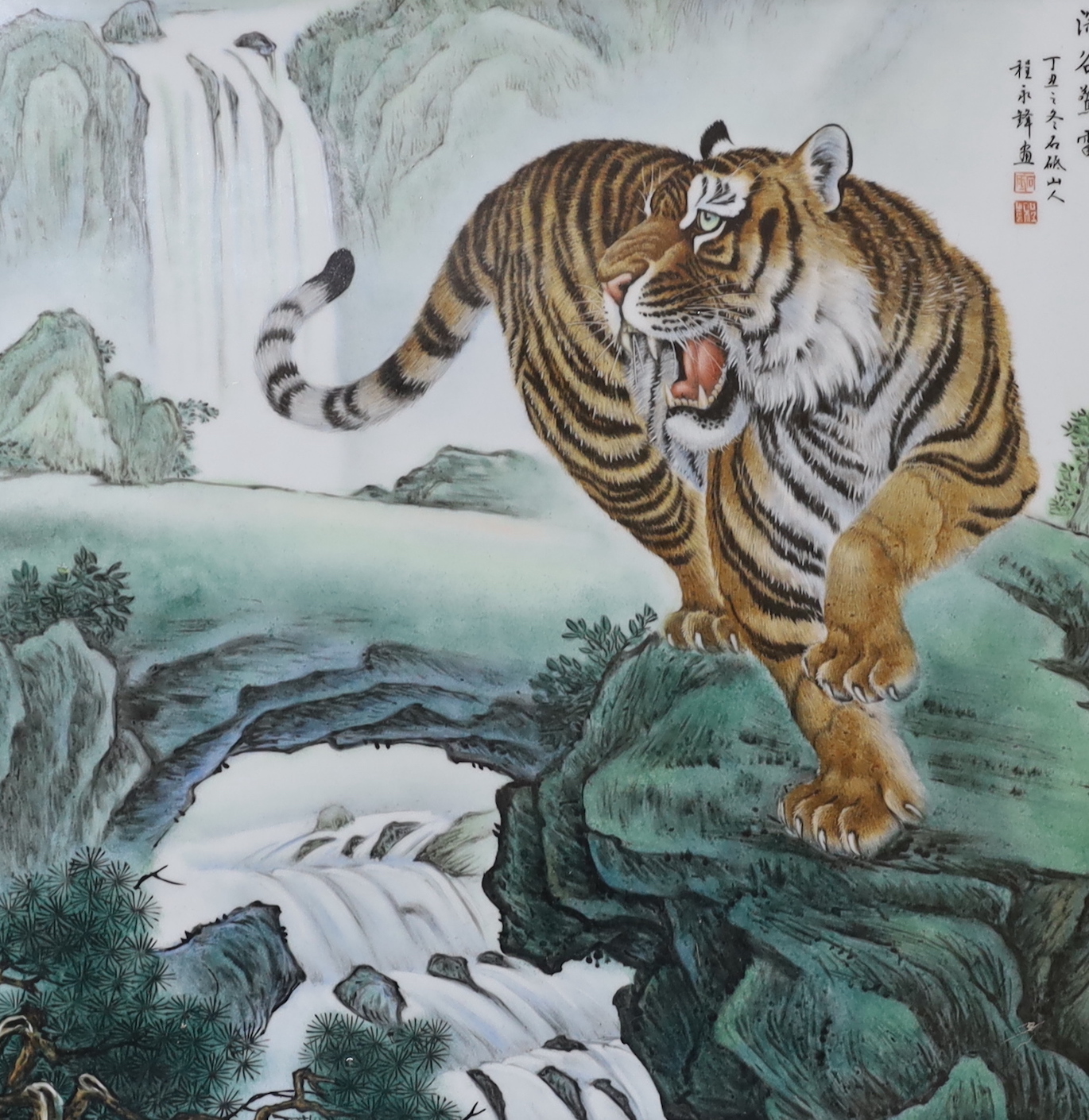 Two Chinese framed enamelled porcelain plaques, one of a tiger and another of two girls, largest - Image 3 of 3