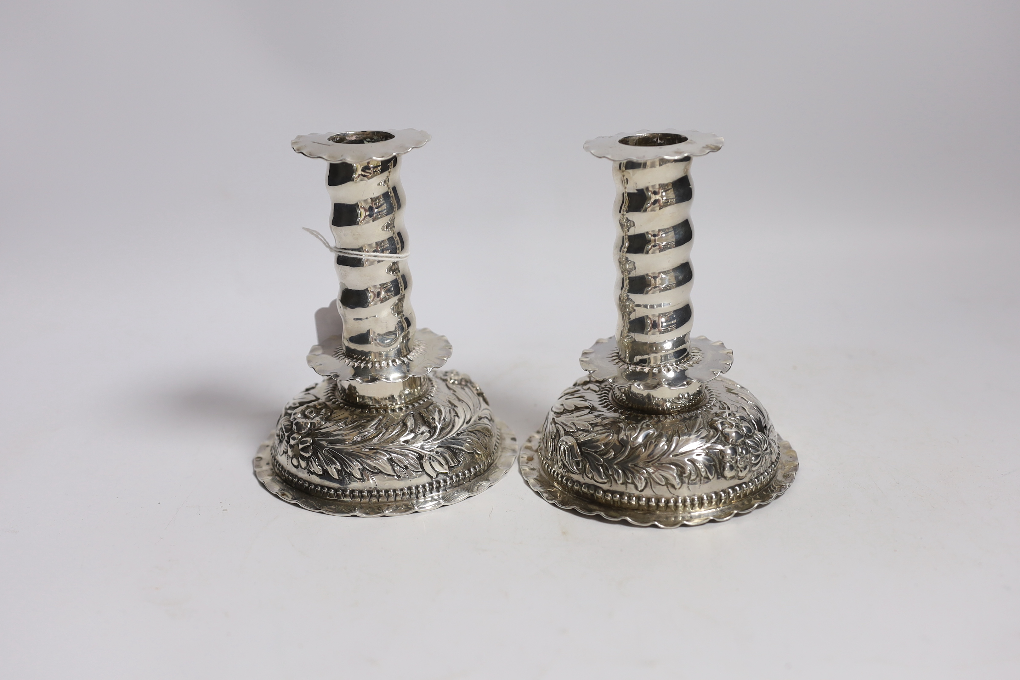 A matched pair of Carolean style silver dwarf candlesticks, London, 1880 & 1885, makers mark on - Image 2 of 4