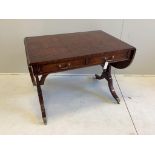 A Bevan Funnell Regency style burr yew and walnut sofa table, twin flaps and two frieze drawers,