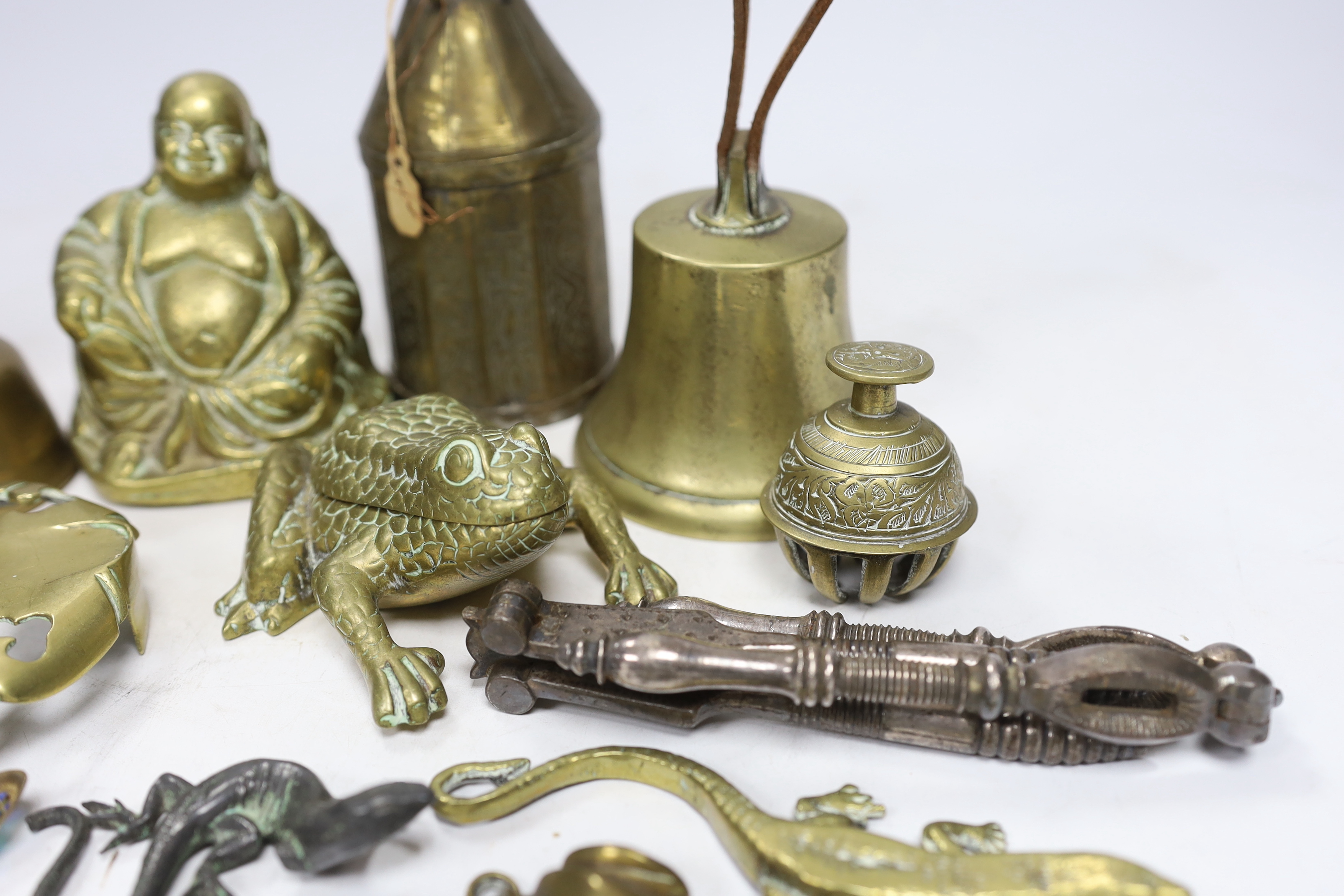 Sundry metalware including hinged brass frog with compartment, nutcrackers, a seated Buddha and a - Image 6 of 6