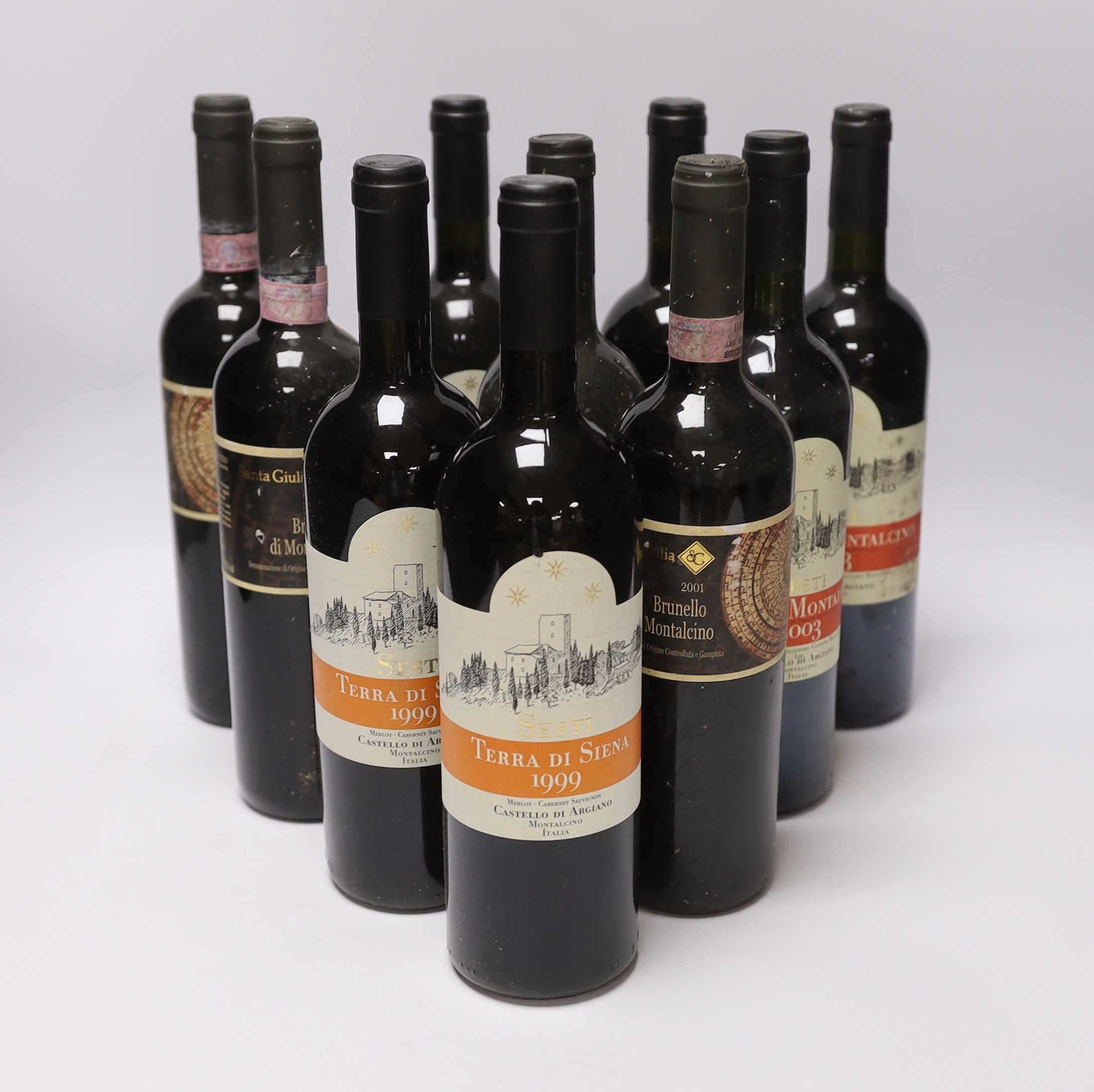 Ten bottles of red wine; three Rossi Di Montalcino 2003, four bottles of Terra Di Siena 1999 and