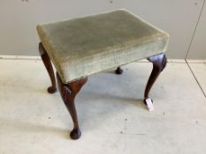 A Queen Anne Revival walnut stool on shell carved cabriole legs, width 54cm, depth 42cm, height