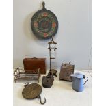 A late Victorian brass mounted mahogany coal scuttle, a large faux iron model of a padlock, a thread