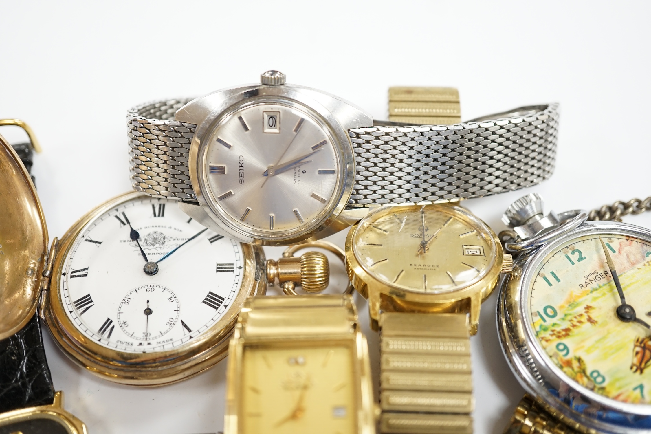 A small group of assorted wrist and pocket watches including a gold plated hunter and a Roamer - Image 2 of 7