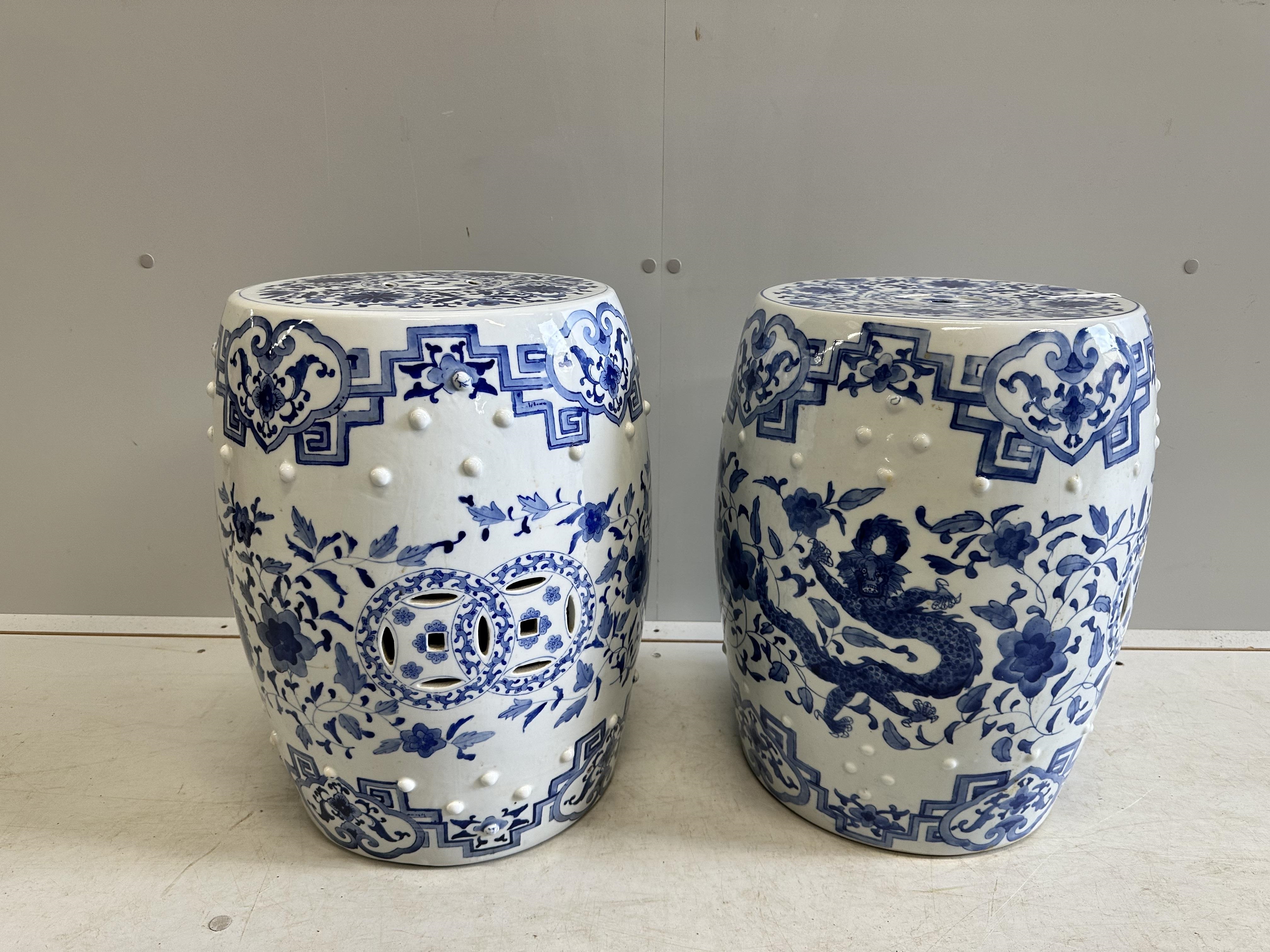 A pair of modern Chinese blue and white earthenware seats, height 46cm