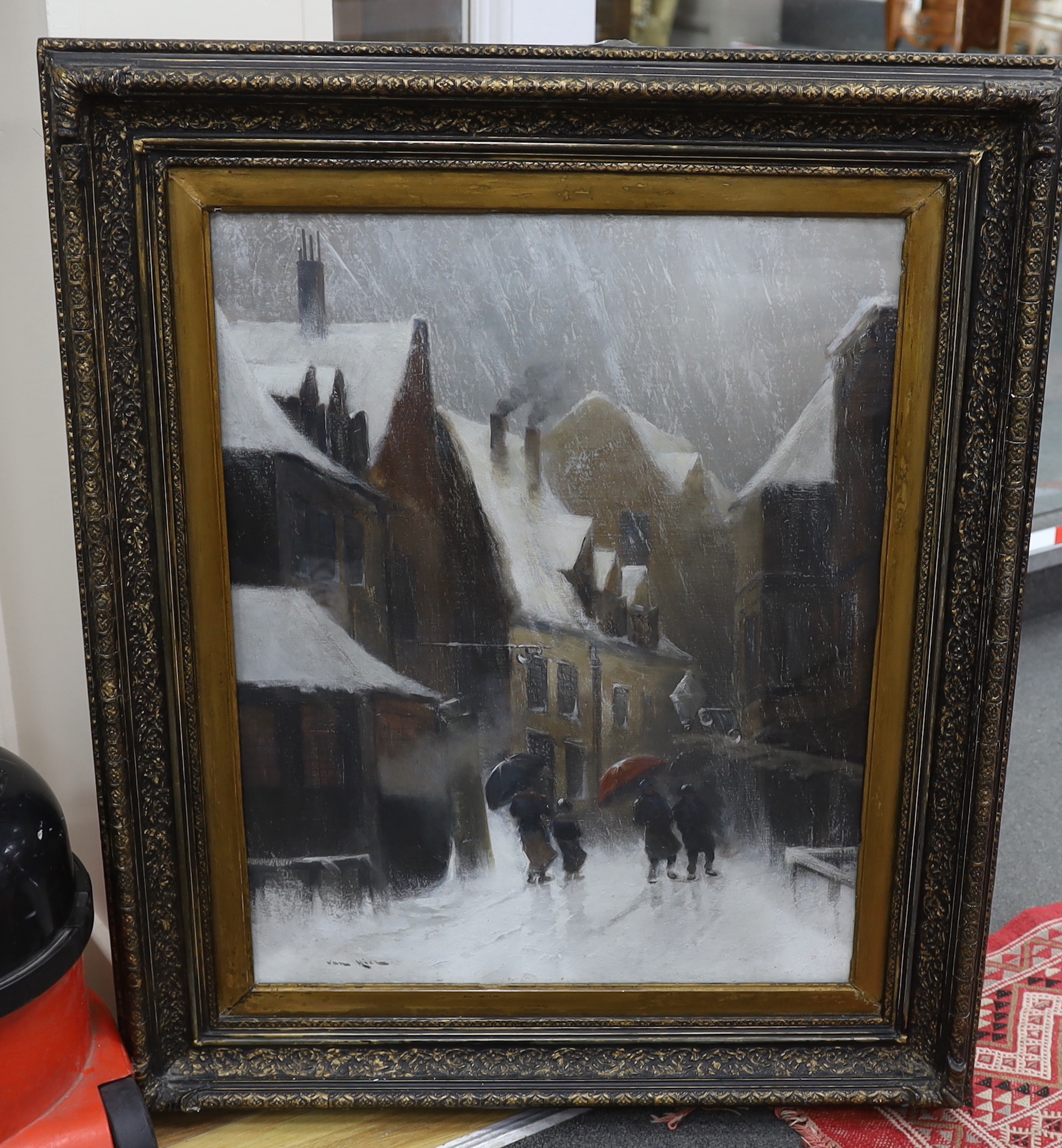 Van Heinz (Dutch, 19th/20th. C), oil on canvas, Winter street scene with figures, signed, 69 x 55cm - Image 2 of 2