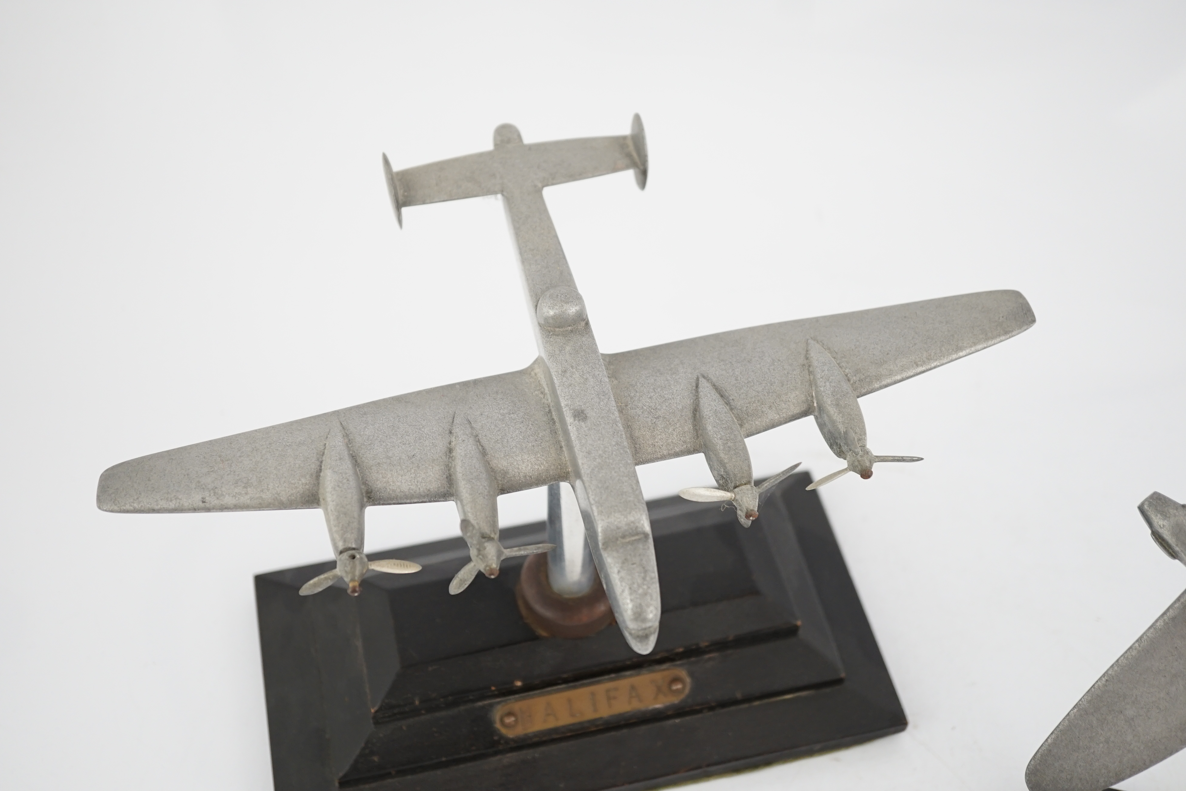 Two cast aluminium military aircraft models mounted on stepped wooden bases; a Halifax bomber, - Image 4 of 6