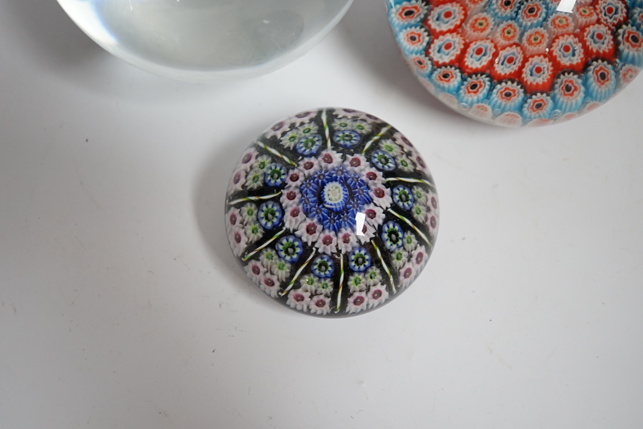 Two millefiori paperweights and a glass ball, largest 10cm in diameter - Image 3 of 5