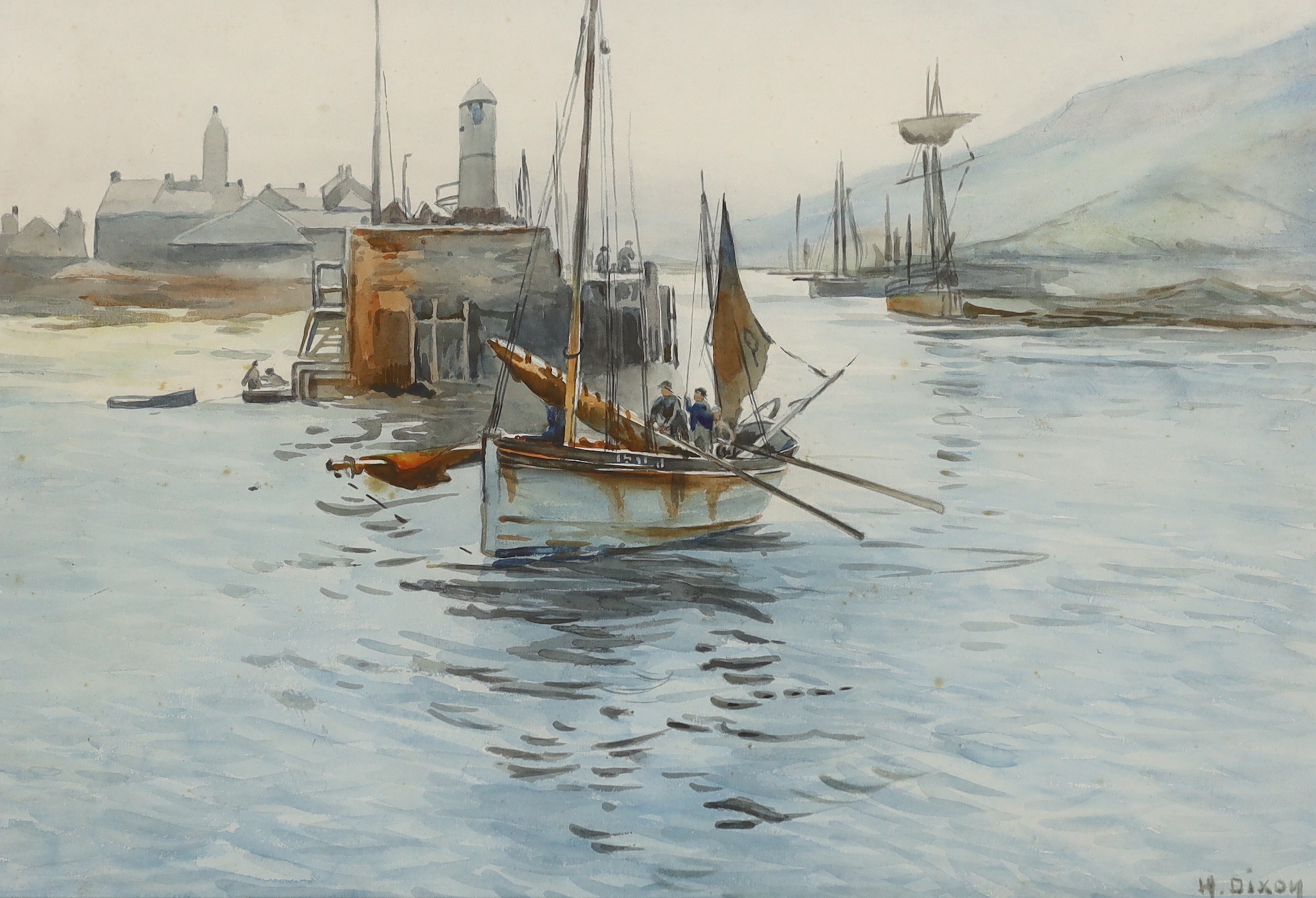H Dixon, watercolour, Estuary scene with fishing boats, signed, 36 x 52cm