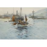 H Dixon, watercolour, Estuary scene with fishing boats, signed, 36 x 52cm