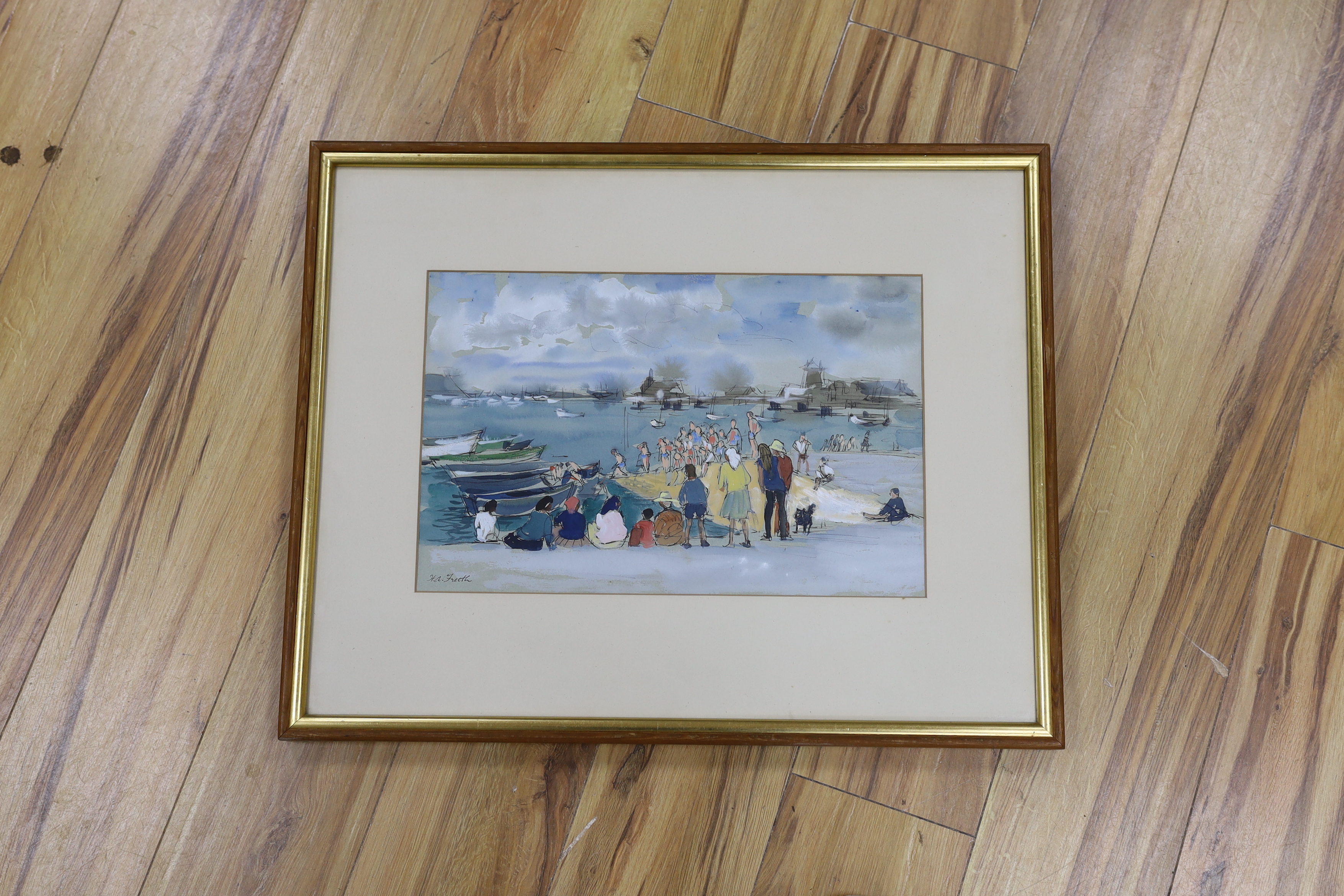 Hubert Andrew Freeth RA (1912-1986), pen, ink and watercolour, Swimmers on shipway and Onlookers - Image 2 of 3