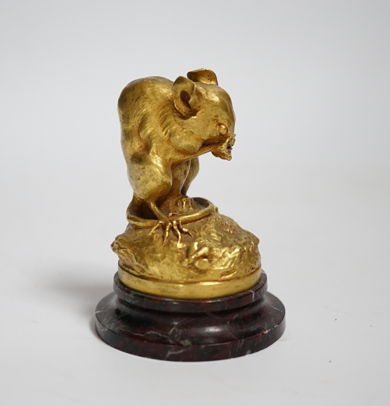 After Theophile Hingre, a small gilt bronze model of a mouse, raised on marble base, 8cm high