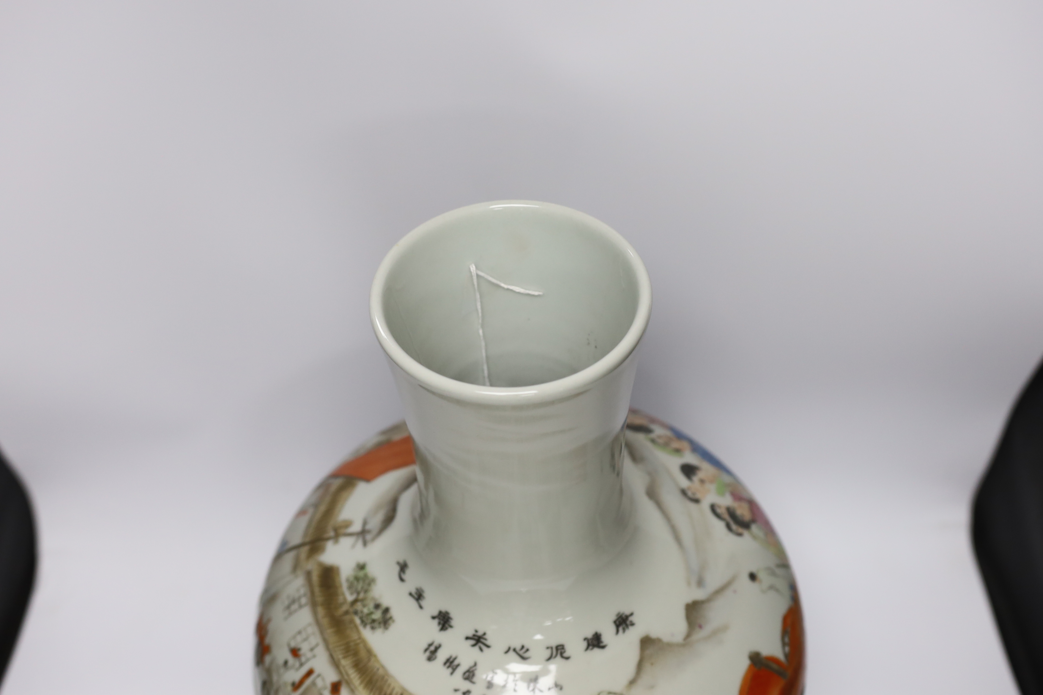 A Chinese Cultural Revolution style enamelled porcelain vase on stand, 50cm high including stand - Image 4 of 5