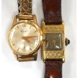 Two 18k cased lady's manual wind wrist watches, including Kismet, on gold plated or leather
